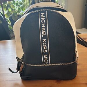 Michael Kors Black and White Logo Stripe Leather Backpack